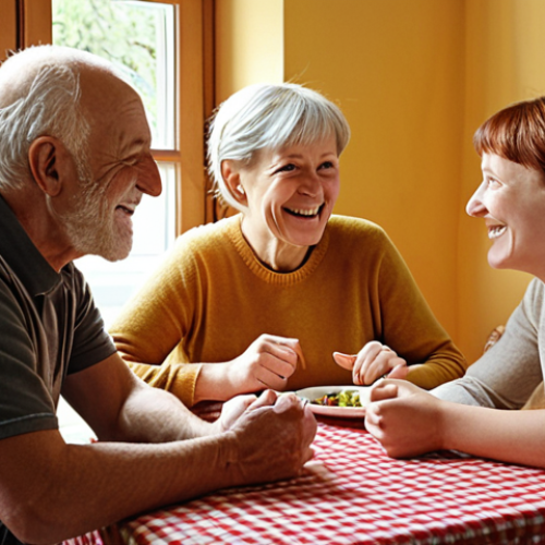 Home 19 **Prompt 1: Rediscovering Connection through Speech Therapy**
An older adult, with a gentle smile and confident posture, actively participates in a lively family conversation around a table. Their eyes are bright, and they appear fully engaged, with subtle visual cues of clear articulation and attentive listening. The atmosphere is warm, joyful, and connected, showcasing the profound emotional gain from improved communication. The background is a cozy, typical German home setting, emphasizing belonging and overcoming social isolation. The image conveys hope, renewed confidence, and the simple joy of understanding and being understood.