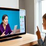 A professional female speech therapist, fully clothed in modest business casual attire, is engaging in a tele-therapy session on a large screen in her bright, modern office. The screen displays a young child, also fully clothed in appropriate, comfortable attire, enthusiastically participating from a cozy, well-lit home environment, interacting with a tablet. The scene emphasizes seamless digital connection and personalized learning, bridging geographical gaps. High-resolution, cinematic lighting, vibrant colors, professional photography, soft focus on background, realistic textures, safe for work, appropriate content, family-friendly, perfect anatomy, correct proportions, natural pose, well-formed hands, proper finger count, natural body proportions.