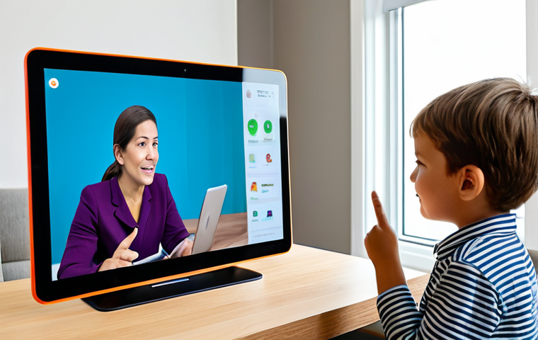 A professional female speech therapist, fully clothed in modest business casual attire, is engaging in a tele-therapy session on a large screen in her bright, modern office. The screen displays a young child, also fully clothed in appropriate, comfortable attire, enthusiastically participating from a cozy, well-lit home environment, interacting with a tablet. The scene emphasizes seamless digital connection and personalized learning, bridging geographical gaps. High-resolution, cinematic lighting, vibrant colors, professional photography, soft focus on background, realistic textures, safe for work, appropriate content, family-friendly, perfect anatomy, correct proportions, natural pose, well-formed hands, proper finger count, natural body proportions.