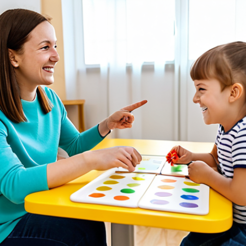 Home 17 A joyful four-year-old child and a professional female speech therapist are deeply engaged in an interactive language therapy session in a bright, modern clinic room. The child, fully clothed in comfortable, modest children's attire, is pointing at colorful picture cards on a small table, while the therapist, dressed in professional yet approachable attire, guides the activity with a gentle smile. Soft, natural light fills the space, which is adorned with child-friendly educational toys and a tablet displaying a simple, educational language app. The atmosphere is warm and encouraging. perfect anatomy, correct proportions, natural pose, well-formed hands, proper finger count, natural body proportions, professional photography, high quality, safe for work, appropriate content, fully clothed, modest, family-friendly.