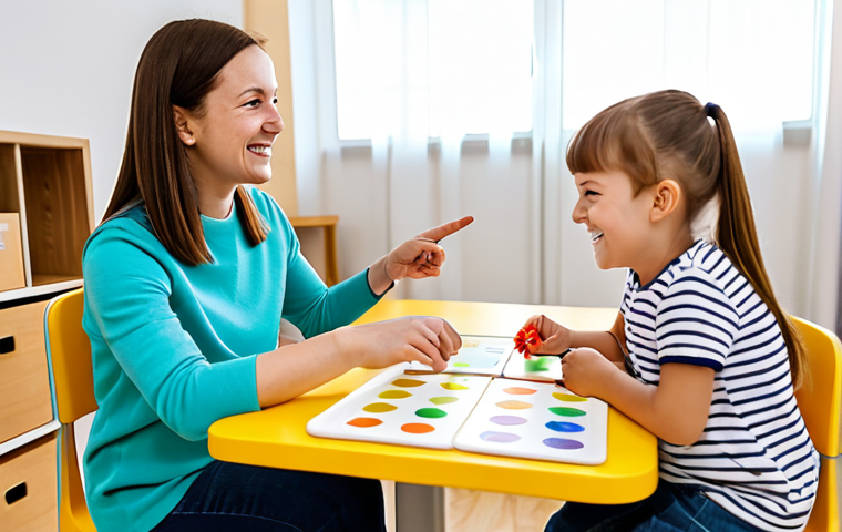 A joyful four-year-old child and a professional female speech therapist are deeply engaged in an interactive language therapy session in a bright, modern clinic room. The child, fully clothed in comfortable, modest children's attire, is pointing at colorful picture cards on a small table, while the therapist, dressed in professional yet approachable attire, guides the activity with a gentle smile. Soft, natural light fills the space, which is adorned with child-friendly educational toys and a tablet displaying a simple, educational language app. The atmosphere is warm and encouraging. perfect anatomy, correct proportions, natural pose, well-formed hands, proper finger count, natural body proportions, professional photography, high quality, safe for work, appropriate content, fully clothed, modest, family-friendly.