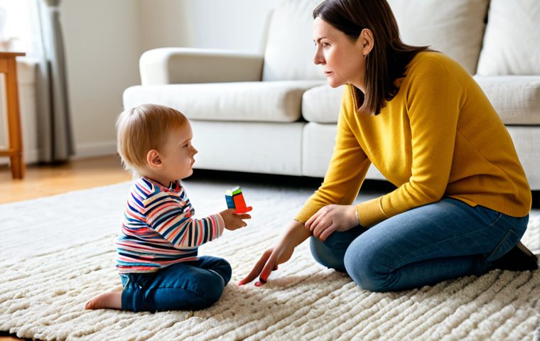 A thoughtful Caucasian mother, in her early 30s, wearing a modest, comfortable sweater and jeans, gently observing her 2-year-old child. The child, a toddler with neat, appropriate play clothes, is quietly engaged with colorful building blocks on a soft rug in a cozy, sunlit living room. The mother's expression conveys subtle concern and observation, her gaze focused on the child's non-verbal communication. The scene is well-lit, with a soft, natural aesthetic, emphasizing a family-friendly atmosphere. fully clothed, appropriate attire, professional dress, safe for work, appropriate content, perfect anatomy, correct proportions, natural pose, well-formed hands, proper finger count, natural body proportions, professional photography, high quality.