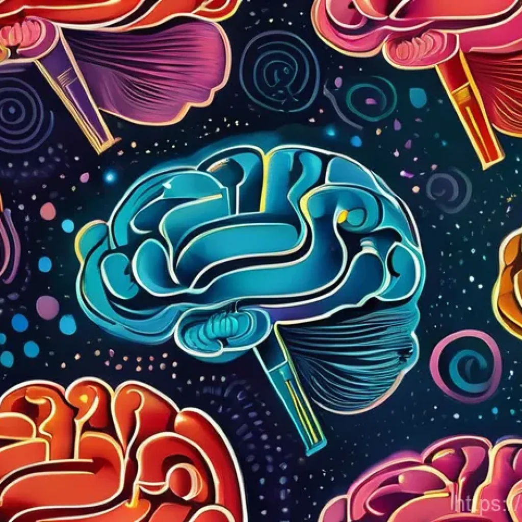 인지 치료와 언어 치료의 통합 - **Prompt:** A dynamic and abstract visual representation of the human brain as a bustling, harmoniou...