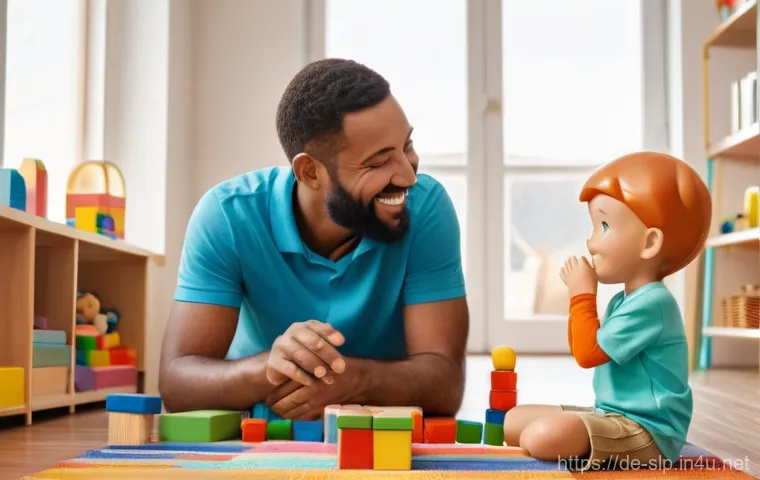 자폐 아동 언어치료의 방법 - **Prompt:** A heartwarming scene in a bright, colorful speech therapy room. A kind female speech the...