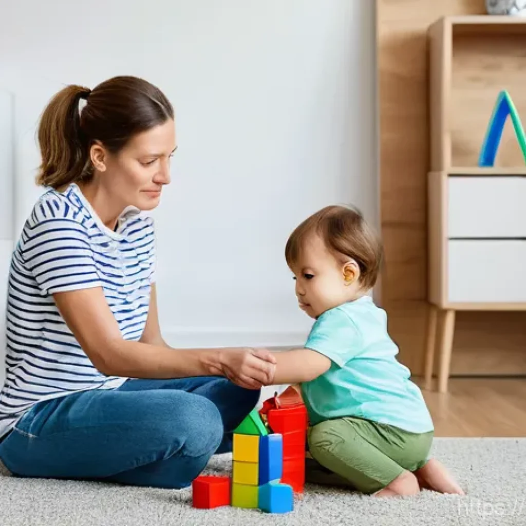 발달장애 언어치료 - **A caring German mother observing her 2-year-old child (toddler) in a brightly lit, modern living r...