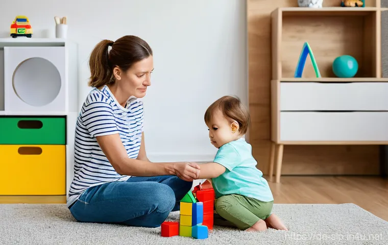 발달장애 언어치료 - **A caring German mother observing her 2-year-old child (toddler) in a brightly lit, modern living r...