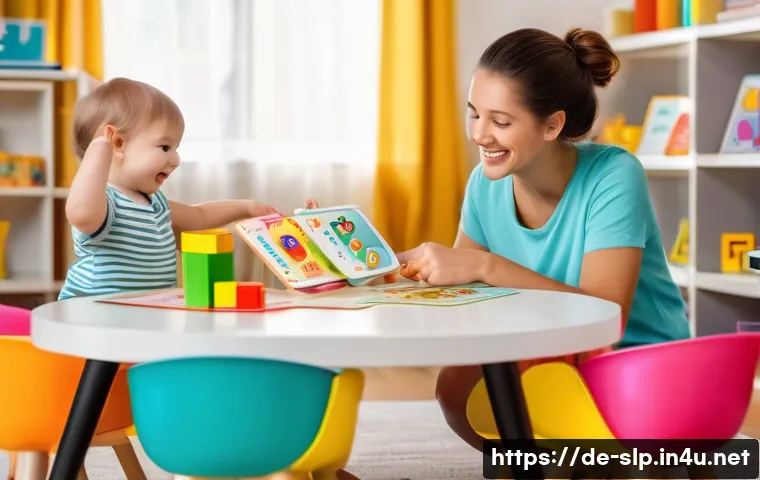 구술 치료와 치료법 - A warm, inviting speech therapy session with a young toddler wearing a colorful diaper, engaged in p...