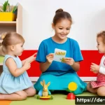 언어발달 지연 - A warm and inviting daycare classroom scene in Germany, showing a diverse group of toddlers aged aro...