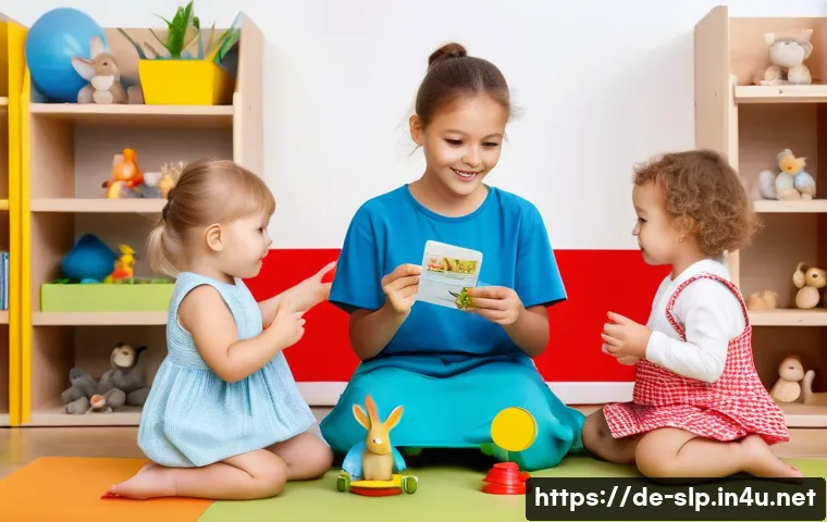 언어발달 지연 - A warm and inviting daycare classroom scene in Germany, showing a diverse group of toddlers aged aro...