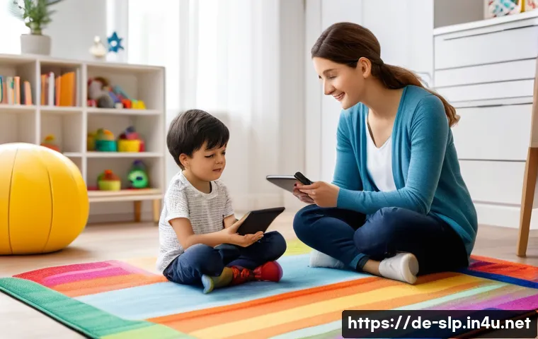 자폐증 언어치료 프로그램 - A warm and inviting therapy room scene showing a child with autism engaged in a flexible speech ther...