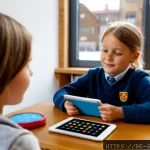 언어 평가 도구 - Photorealistic German primary school language assessment session, a warmly dressed teacher seated be...